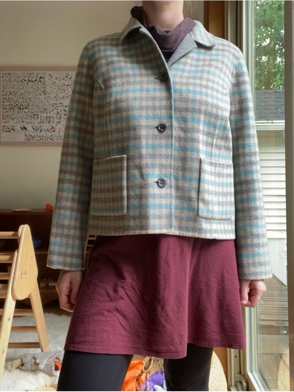 Talbots Blue & Grey Plaid Wool Blend Cropped Jacket